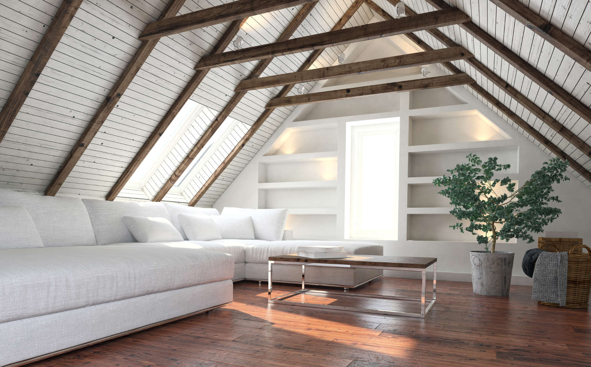 Attic living room concept with big white couch and potted indoor plant - minimalist interior design. 3d rendering